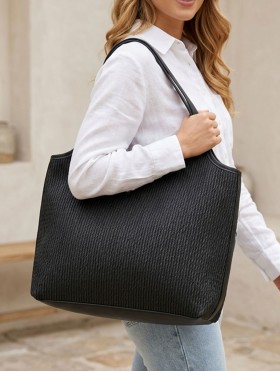 Faux Leather Ribbed Satchel Bag with Strap 